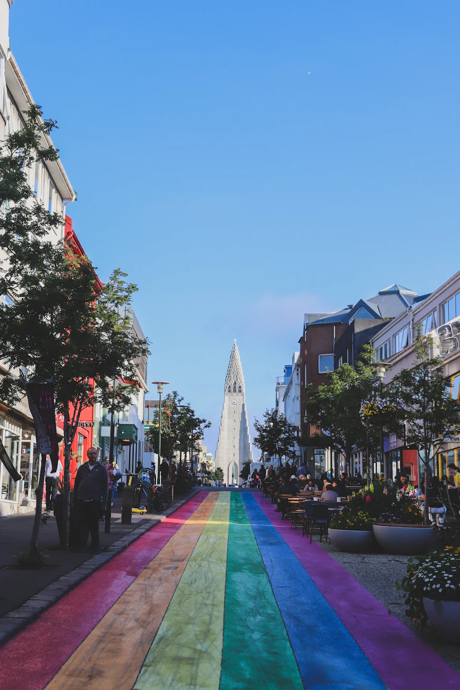 The rainbow-painted street leading up to Hallgrímskirkja