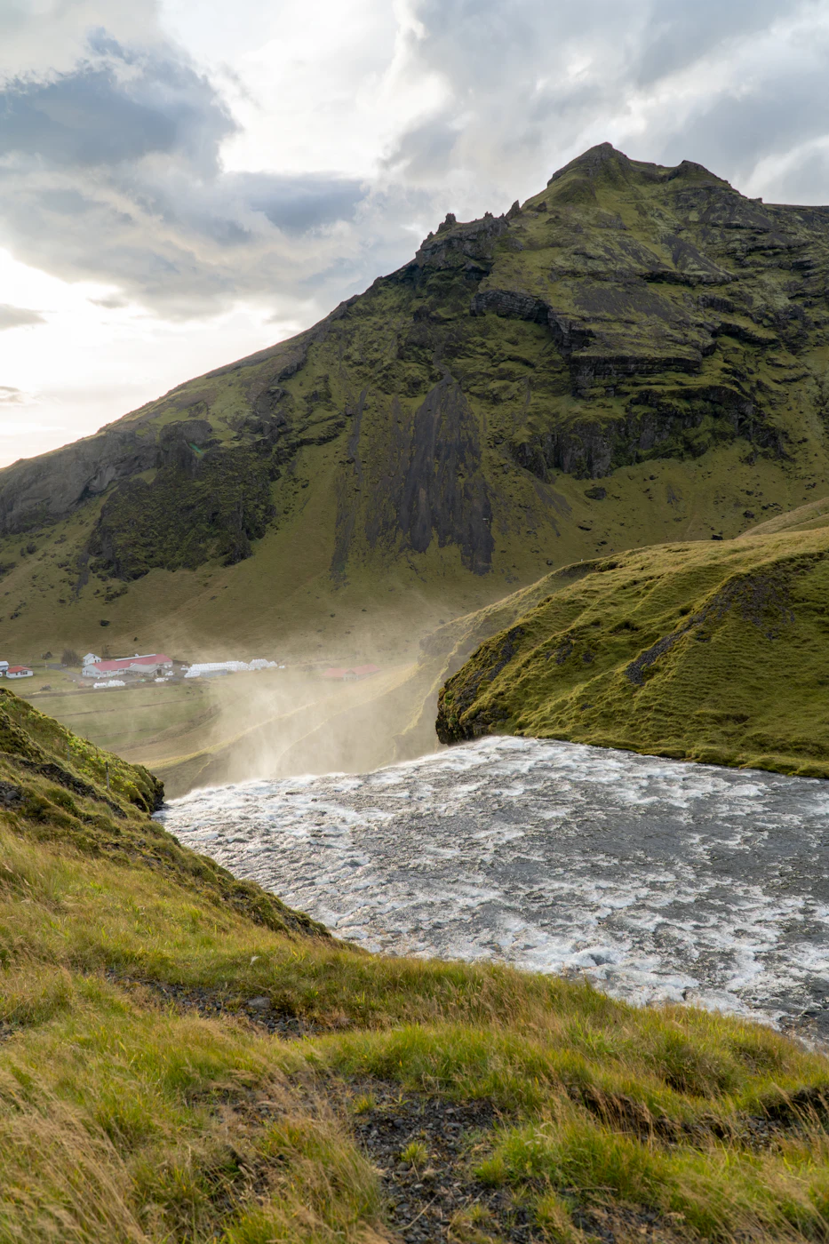 The river above Skógafoss running through a steep green valley