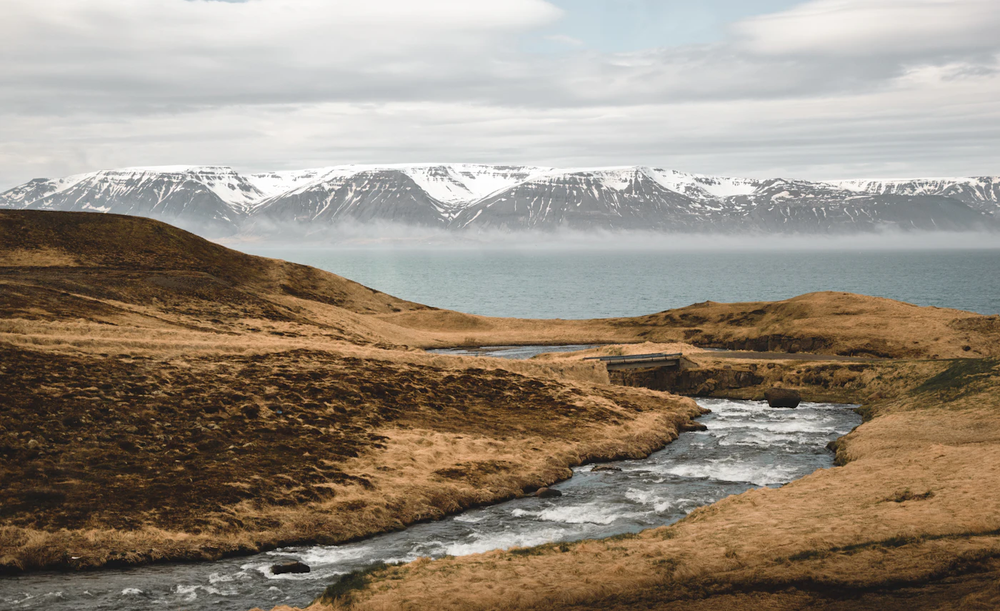A braided stream crossing brown hills below snowy peaks