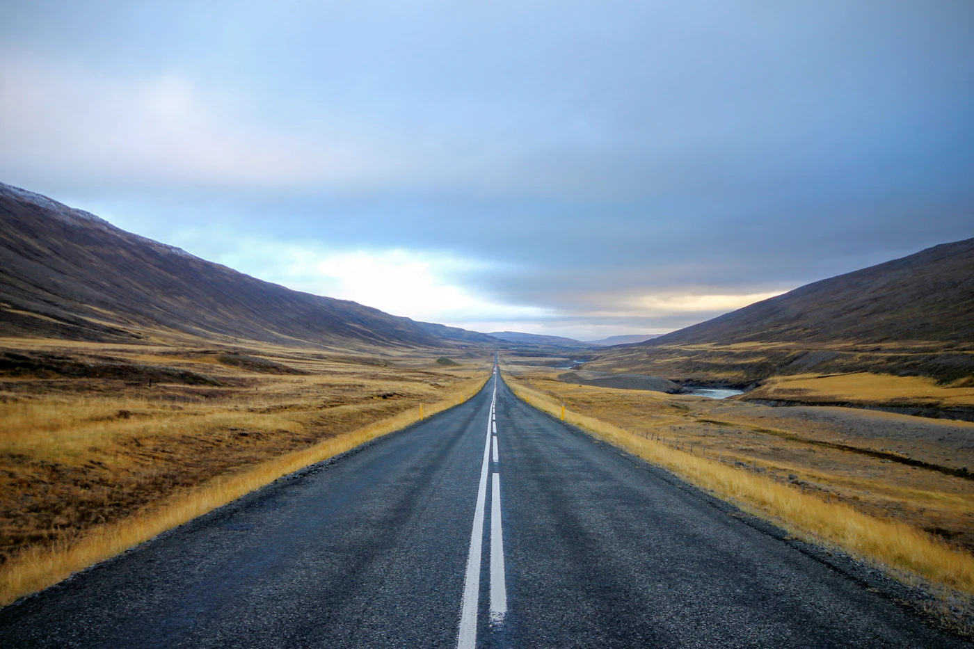 A straight road through golden grassland