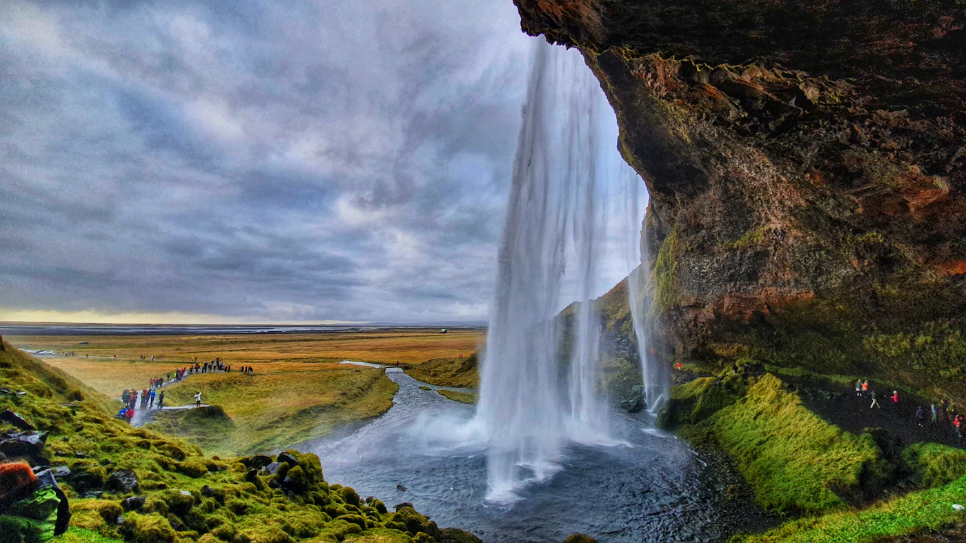 Seljalandsfoss seen from the path behind the falls